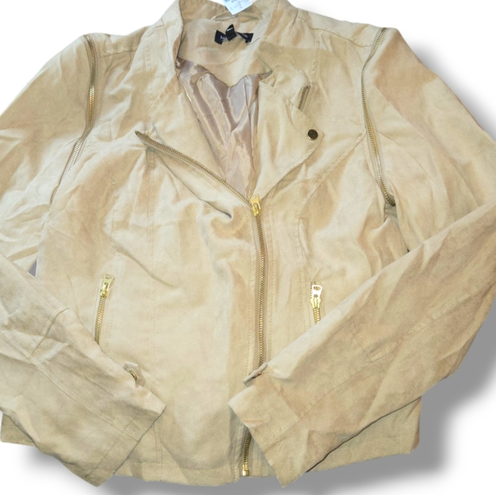 A new look beige moto jacket gold zipper detailing size large